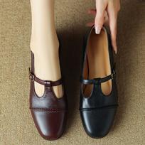 Light luxury retro~ French Hepburn style niche first layer round head hollow small leather shoes Mary Jane single shoes 35 ruda