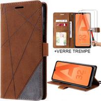 Case for Samsung Galaxy A32 5G Leather Effect Stripe Pattern Brown + 2 Tempered Glasses