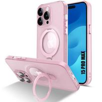 Case for iPhone 15 Pro Max, Rigid Shockproof Protection with Magnetic Ring Stand and Camera Protection - Semi-Transparent Pink rožinė