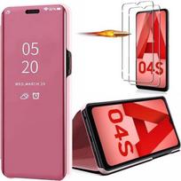 Coque de protection pour Samsung Galaxy A04s - BOOLING - Effet Miroir Clear View - Rose - 2 Verres Trempés rožinė