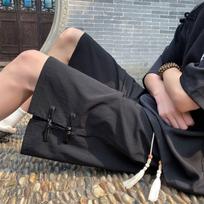Chinese Style Shorts Men Student Summer Loose Frog Button Five-Point Pants Casual Sport Side-Slit Mid-Length Trousers M