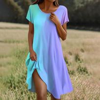 Short Sleeve Boho Dress For Women Casual Loose Fit Summer Sundress Texture Print Dress With Pockets L mėlyna