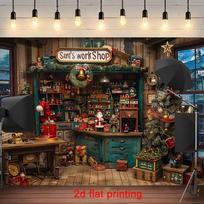 2D Festive Santa's Workshop Backdrop Wooden Christmas Toy Shop Photo Booth Background Cloth 47.2x31.5inch/120*80cm brown