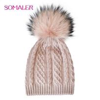 SOMALER Žieminės kepurės moterims Tikro kailio Pompom Beanies Kepurė Vilna megzta šilta slidinėjimo kepuraitė šviesiai rausvos spalvos