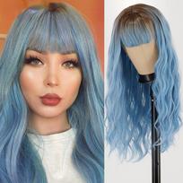 MISS WIG Synthetic Long Straight Ombre Blue High Temperature Fiber Wigs for Women Party Daily Hair Wigs with Bangs 23 inch