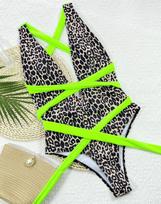 Seksualus moteriškas maudymosi kostiumas su leopardo raštu, kryžiumi nugaroje, kaklą juosiantis, priekyje rišamas, brazilietiški paplūdimio drabužiai L leopardo rašto spalva