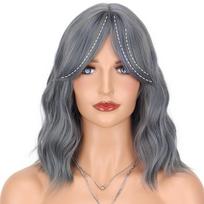 MISS WIG 14 Inches Natural Hairline Grey Blue Wigs Synthetic Fiber Wavy Bob Wigs with Bangs for Women 9021