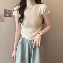 Office Lady Slim Fit Knitted Shirt Women 2023 Summer Tops Short Sleeve Blouse Half High Collar Solid Shirts Feamle Clothes 25250 One Size bordinė
