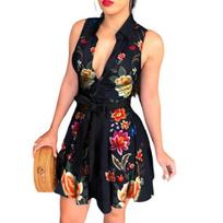 Mini Dress Belt Dressing Up Above Knee Chic Peacock Pattern Women Shirt Short Streetwear XL juoda
