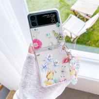 For Samsung Galaxy Z Flip 4 3 Case Beautiful Flower Butterfly Painted Bracelet Transparent Shockproof Folding Hard Back Cover Case and Bracelet