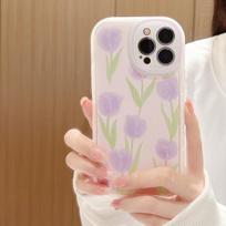 Violetiniai tulpės Ins apvalus fotoaparato apsauginis dėklas iPhone X Xr Xsmax 12 Mini 13 Pro Max 11 Promax 7 8 Plus Mielas telefono dėklas For iphone 12 beige