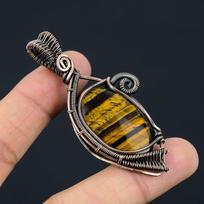 Tiger Eye Gemstone Copper Wire Wrap Pendant Handmade Jewelry Gift 2.83 Inches geltona
