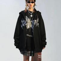 Women Butterfly Print Hooded Zipper Black Jacket Hip-hop Style Punk Harajuku Gothic Street Coat S balta