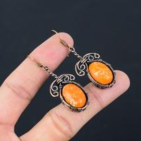 Orange Sea Sediment Gemstone Pure Copper Wire Wrapped Handmade Earrings Jewelry 2.17 Inches oranžinė