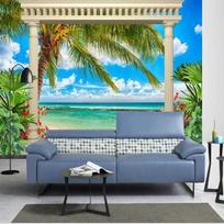 Individualizuotas tapetų plakatas Romos kolona Paplūdimio vaizdas į jūrą 3D freska, skirta svetainei TV sofa Namų dekoro fono sienų tapyba 200 cm(W) x 140 cm(H) blue