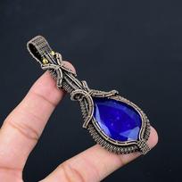 Lab-Created Blue Sapphire Gemstone Pure Copper Wire Wrapped Handmade Pendant Jewelry 3.94 Inches mėlyna