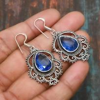 Attractive London Blue Topaz Gemstone Solid 925 Sterling Silver Handmade Jewelry Earring 1.77 Inches mėlyna