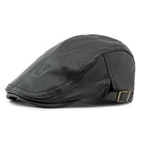Middle-aged Elderly Men's Autumn Winter Thick Warm Beret British Pu Leather Forward Cap juoda