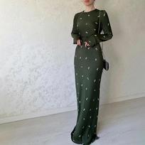 Pavasario ir rudens ponios ilgas sijonas su apvaliu kaklu Elegantiška madinga plona puošni A formos suknelė ilgomis rankovėmis juosmens apvyniota suknelė S
