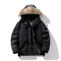 Žiemos vilnos vyriškas parkas su gobtuvu, odine apykakle, nuo vėjo, stora šilta medvilniniu paltu M juoda