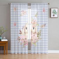 Velykų zuikis gėlių languotas tiulio užuolaidos svetainei miegamojo Voile permatomos užuolaidos langas namų dekoro užuolaidos 135W x 114H(cm) white