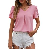 Summer Women Casual V-Neck Chiffon Pod Sleeve Temperament Top XXL pink