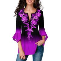 Vintage Shirt Gradient Color Printing Irregular Flare Sleeve Women Slim All XL violetinė