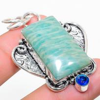 Natural Amazonite, Blue Topaz Gemstone 925 Sterling Silver Pendant 2.13  J9O39