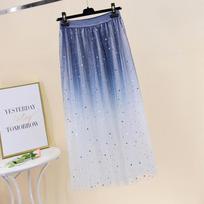 Summer Glitter Sequins Skirts Women's Long Mesh Tulle Skirt Female Elastic High Waist Star Bling Bling Party Pleated Skirts M rožinė