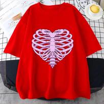 Women Fashion Aesthetic Punk Love Skeleton T Shirt Summer Short Sleeve T-shirts Harajuku Y2K Oversized Top Streetwear Vintage Shirt XS raudona