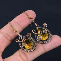 Dazzling Ctrine Gemstone Handmade Pure Copper Wire Wrapped Earrings Jewelry 2.17 Inches geltona