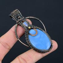Owyhee Opal & Moonstone Gemstone Handmade Copper Wire Wrap Jewelry Gorgeous Pendant For Love 3.07 Inches mėlyna