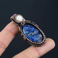 Sodalite & Moonstone Gemstone Handmade Pure Copper Wire Wrap Jewelry Pendant For Women 2.36 inches mėlyna