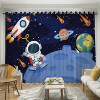 3D Printing Rocket Outer Space Astronaut Bedroom Living Room Curtain Shading Windows Outdoor Decorative Flowers Home Texitle 100W130H(CM)40x51in&Hook white