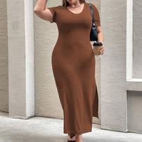 Summer Women's Fashion Temperament Waist Split Short Sleeve Dress Package Hip Long Skirt XXXL ruda