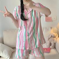 Ladies Dopamine Striped Pyjamas Women Summer Short Sleeved Set Thin Cloud Cotton Summer Ladies Homewear Pajamas Set XXL white