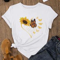 Fashion Women Sunflower Butterfly Print T Shirt Funny Casual O-neck Short Sleeves T-shirt Summer Female Tee Shirt 8XL rožinė