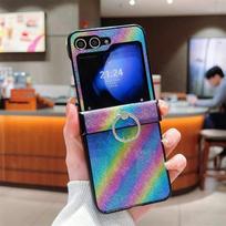 Ring Holder Gradient Color Phone Case for Samsung Galaxy Z Flip 6 5 4 3 Flip6 Flip5 Flip4 Flip3 5G PU Leather Protection Cover For Galaxy Z Flip5 blue