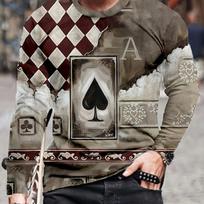 Mens Poker Card 3D Graphic Long Sleeve T-shirt - Comfortable Stretch, Breathable Pullover Top for Stylish Outdoor Wear S