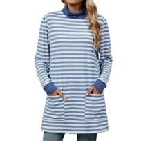 Autumn And Winter Models Striped Collision Loose Pockets High Neck Long-sleeved T-shirt Women L mėlyna