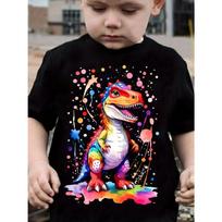 Vibrant Dino Graphic Tee - Boys' Casual Tees Short Sleeves, Crew Neck Colorful Cartoon Summer Everyday Life 110