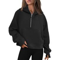 Fall Winter Hoodie Hooded Half Zipper Pocket Long Sleeves Loose Thick Pure Color XXL juoda