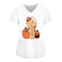 Halloween Women's Printed V-Neck PocketNursing Uniform S beige