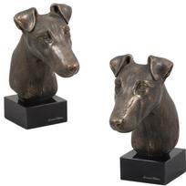 Lygiavilkis foksterjeras - Šuns statulėlė, biustas ant akmeninio pagrindo, skulptūra, trofėjus šunų parodai, gamintojas Art-Dog ruda