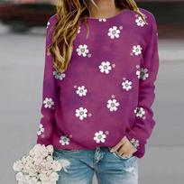 Tops For Women Vibrant Chrysanthemums Print Round Neck Long Sleeve T-shirt Fall Casual Slim Pullover Women's Long Sleeve Top XS violetinė