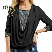 Women Sequins Stitching Blouse Large Draped Collar Long Sleeve Tops Side Drawstring Solid Color Spring Autumn Pullover Tops 2XL juoda