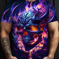 Plus Size Mens Vibrant 3D Glow Skull Flames Graphic Print Short Sleeve T-Shirt Print, Breathable Fabric S