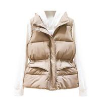 Winter Women Vest Coat Thickened Padded Zipper Closure Stand Collar Neck Protection L chaki