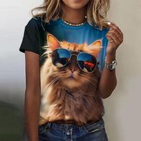 Juokingi kačių paveiksliukai Madingi moteriški marškinėliai Vasariniai laisvalaikio O formos iškirpte trumpomis rankovėmis T-shirt Madingi moteriški drabužiai Laisvi megztiniai viršutiniai drabužiai S black