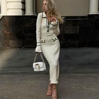Fashion Flare Sleeve Ruffled Knitted Dress Women New Autumn and Winter Lapel Slim Fit Mid Length Elegant Dress Party High Waist Casual Dresses 25136 S